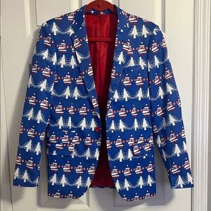 Festive Blue Blazer with Christmas Tree Pattern